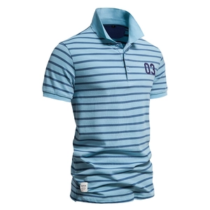Men's light blue striped cotton polo shirt with 03 embroidery and short sleeves