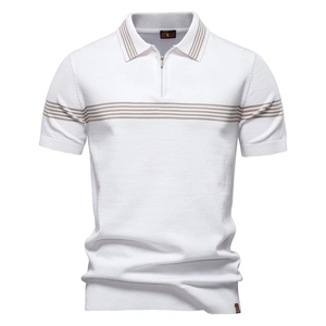 Polo en Tricot Rayé pour Homme Business Décontracté Style Européen Col à Revers avec Fermeture Éclair Été Manches Courtes Viscose