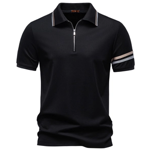 Men Business Casual Polo Shirt Short Sleeve Zipper Lapel Tencel Cotton Blend Top With Contrast Stripe Detail Daily Wear