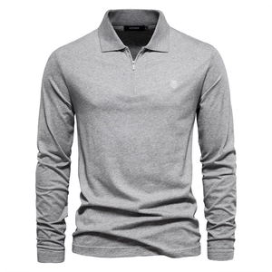 Classic men's long sleeve grey cotton polo shirt with zipper collar and lion embroidery