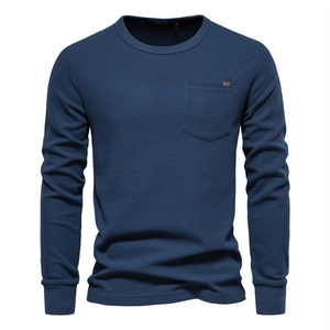 Men's dark blue long sleeve waffle knit t-shirt with crew neck and front chest pocket
