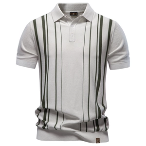 Polo en maille à manches courtes pour homme, coloris crème avec rayures verticales vertes