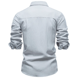 Back view of light grey long sleeve casual business shirt with refined fabric texture