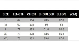 Detailed size chart for hooded knit jacket showing length, chest, and sleeve measurements