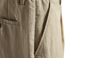 Detail macro shot of khaki business casual shorts showing pocket and lyocell cotton texture