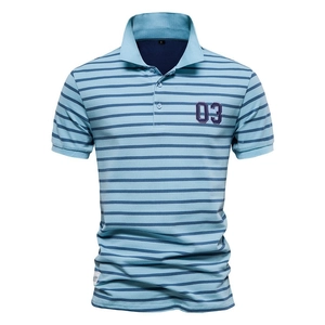 Men's light blue striped polo shirt with 03 embroidery on a white background