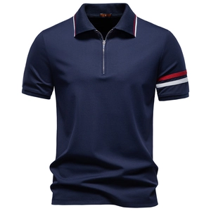 Men's dark blue tencel polo shirt with zip collar and white-red striped details