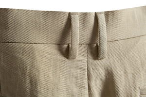 Detail view of the khaki Lyocell cotton shorts waistband with durable belt loops
