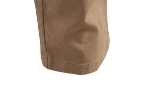 Detailed close-up of khaki cotton twill pants showing high-quality stitching and fabric texture