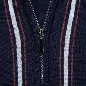 Polo uomo in maglia blu navy con strisce verticali e zip in metallo di qualità
