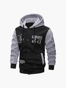 Men Color Block Hooded Varsity Jacket LA 77 Letter Print Snap Button Long Sleeve Streetwear Baseball Coat Outerwear