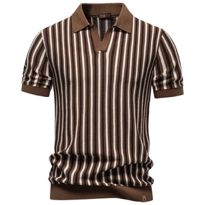 Men Retro Knit Polo Shirt Viscose Polyester Blend Vertical Striped Short Sleeve V Neck Johnny Collar Casual Top