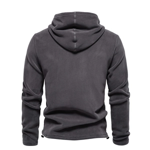 Men's polar fleece hooded sweatshirt in dark grey with adjustable drawstring hem