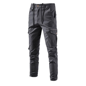 Men's slim fit multi-pocket cargo pants in dark grey twill with drawstring waist