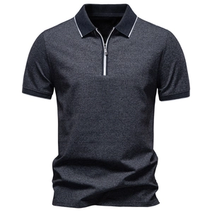 Men's Business Casual Polo Shirt Cotton Blend Zipper Lapel Short Sleeve Breathable Top With Contrast Stripe Detail