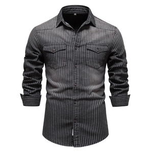 Men's Long Sleeve Striped Denim Shirt Washed Pinstripe Casual Workwear Cotton Top With Double Pockets Button Down Style