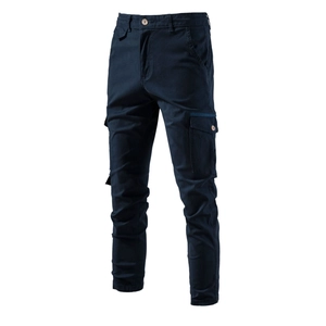 Men's navy blue casual cargo pants with multi-pocket design and durable cotton fabric