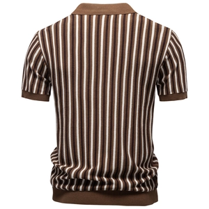 Vertical striped men's knit Polo shirt with ribbed collar and retro brown pattern