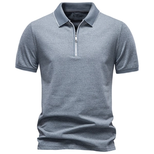 Men's grey short sleeve zipper Polo shirt with white striped trim on collar and cuffs