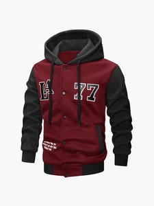 Men's hooded varsity jacket in burgundy and black with LA 77 print and snap buttons