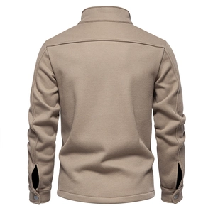Back view of khaki men's waffle knit fleece jacket with shirt collar and metal buttons