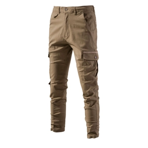 Men's solid color cargo pants in khaki with side flap pockets and reinforced knee detail