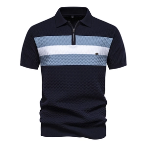 Men Business Casual Knit Polo Shirt Striped Half Zip Short Sleeve Summer Thin Breathable Waffle Texture Soft Comfortable Tops