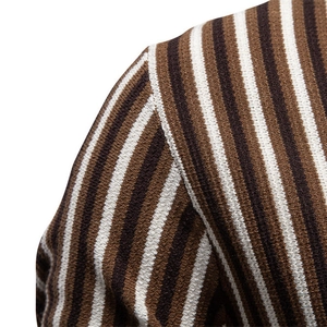 Men's business polo shirt featuring a brown striped knit pattern and shoulder seam details