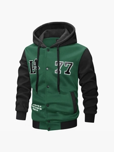 Green and black men's hooded jacket with LA 77 print and button closure in street style