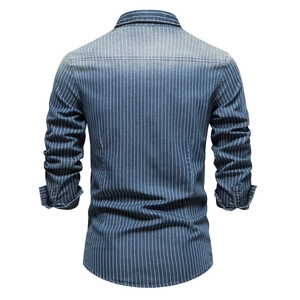 Men's retro washed blue and white striped long sleeve denim shirt back view display