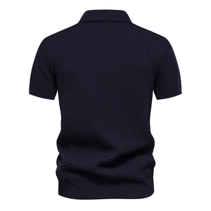 Men's navy blue stripe polo shirt with wave knit texture and classic lapel collar