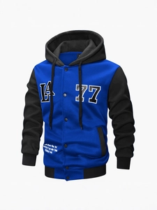 Men's blue and black hooded letterman jacket with LA 77 athletic embroidery print