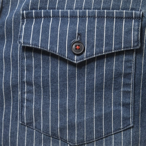 Men's heavy washed vintage striped denim long-sleeve shirt with detailed chest pocket