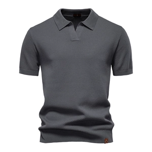 Polo Homme Business Décontracté en Tricot Gauffré Top à Manches Courtes Pull en Tricot Taille Européenne Sans Bouton Col en V Mélange de Viscose