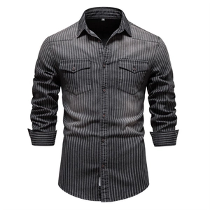 Men's heavy wash striped denim shirt with long sleeves and dual chest pockets