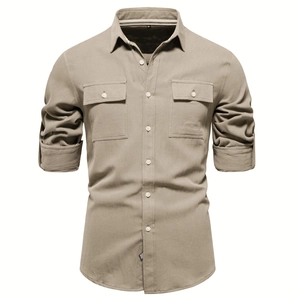 Chemise décontractée en coton kaki pour hommes avec manches longues et poches poitrine