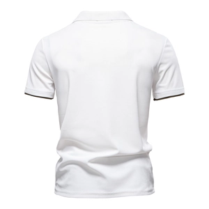 Back view of white men's polo shirt featuring deer embroidery and contrast sleeve cuffs