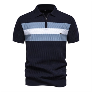 Men's navy polo shirt with blue and white stripes and a modern half-zip collar design