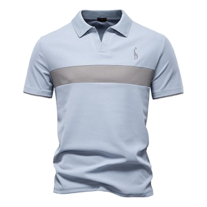 Light blue short sleeve Polo shirt with deer embroidery and V-neck for men