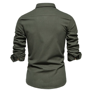 Men's olive green long sleeve cotton shirt featuring a casual fit and curved hem back view