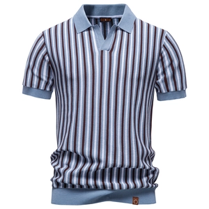 Short sleeve knit polo shirt for men featuring vertical blue, white, and brown stripes