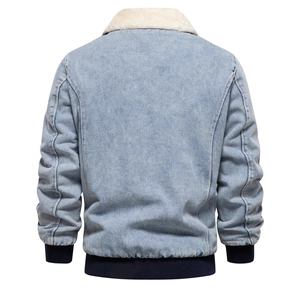 Men's light blue fleece denim jacket with white fur collar and ribbed hem back view