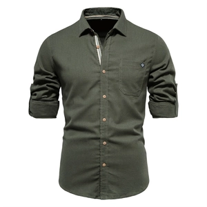 Men's olive green cotton long sleeve shirt with lapel collar and chest pocket detail