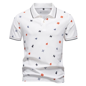 Polo en Coton Piqué Décontracté pour Hommes Manches Courtes Revers Contrasté Imprimé Lettres Géométriques Été Respirant Haut de Sport
