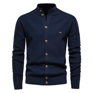 Men's Knitted Cardigan Sweater Cotton Blend Stand Collar Waffle Texture Long Sleeve Single Breasted Casual Business Top