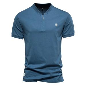 Men Cotton Short Sleeve T-Shirt Half Zipper V Neck Top Casual Solid Color Slim Fit Tee With Lion Embroidery For Summer Daily Sports Wear