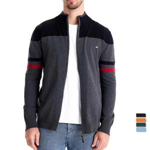 Cardigan en Tricot pour Hommes Pull en Coton Patchwork Fermeture Éclair Col Montant Manches Rayées Style Urbain Décontracté Haut Chaud