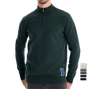 Pull en maille ajusté pour hommes avec quart de zip vert foncé et finitions côtelées