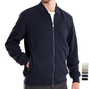 Men's slim fit navy blue waffle texture jacket with a stand collar and full zipper closure
