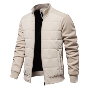 Men's Casual Stand Collar Patchwork Jacket Quilted Winter Warm Coat Windproof Full Zip Ribbed Cuffs Fashion Long Sleeve Outwear